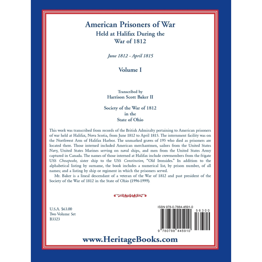 American Prisoners of War Held at Halifax During the War of 1812, Volume I back cover