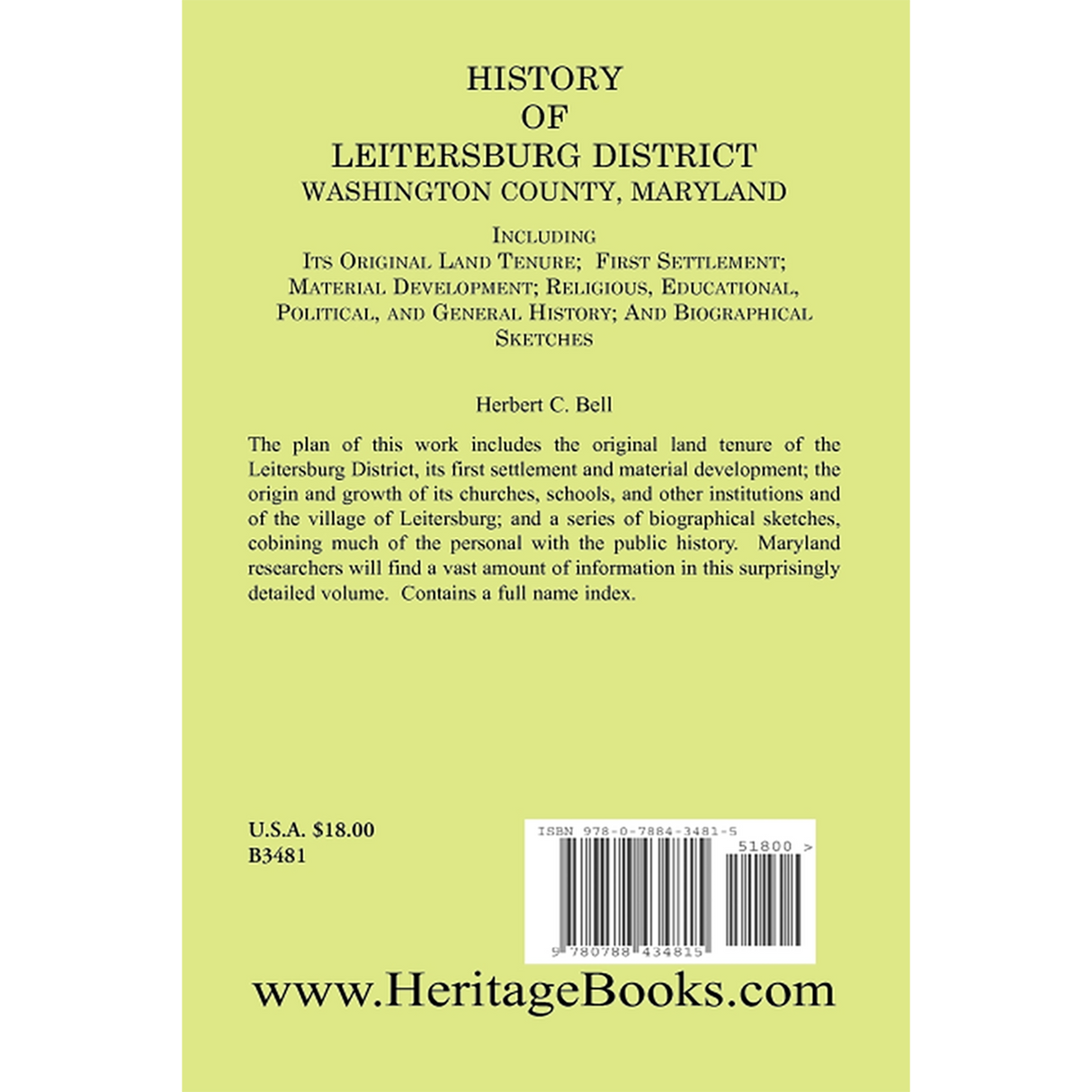 History of Leitersburg District, Washington County, Maryland back cover