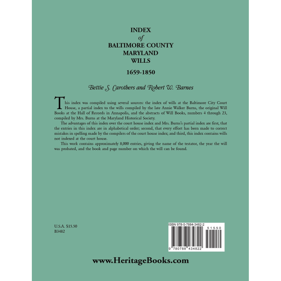 Index of Baltimore County Wills, 1659-1850 back cover