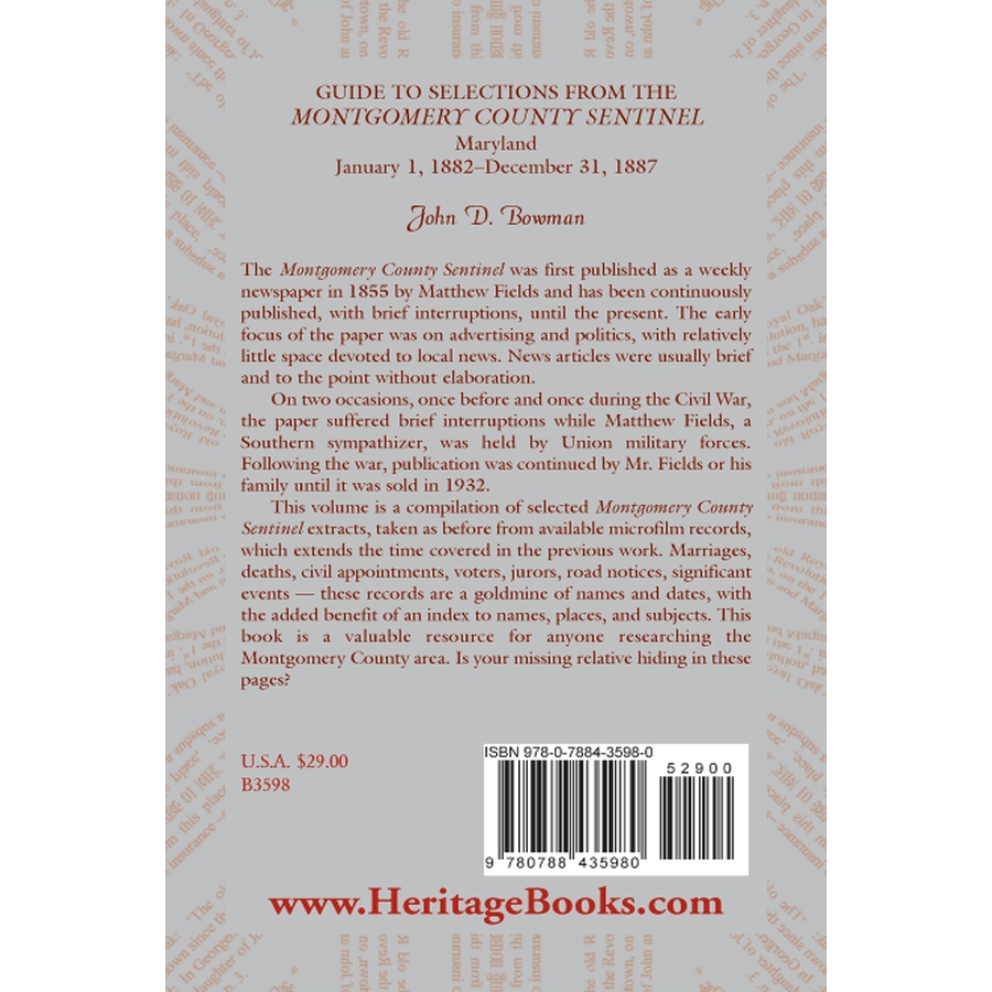 Guide to Selections from the Montgomery County Sentinel, Maryland: January 1, 1882-December 31, 1887 back cover
