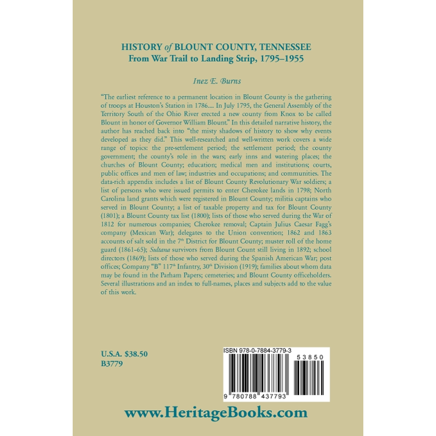 History of Blount County, Tennessee, From War Trail to Landing Strip, 1795-1955 back cover