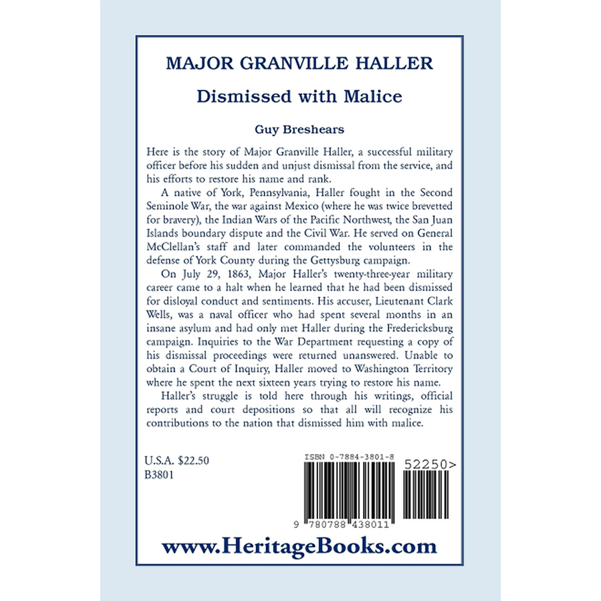 Major Granville Haller: Dismissed with Malice back cover