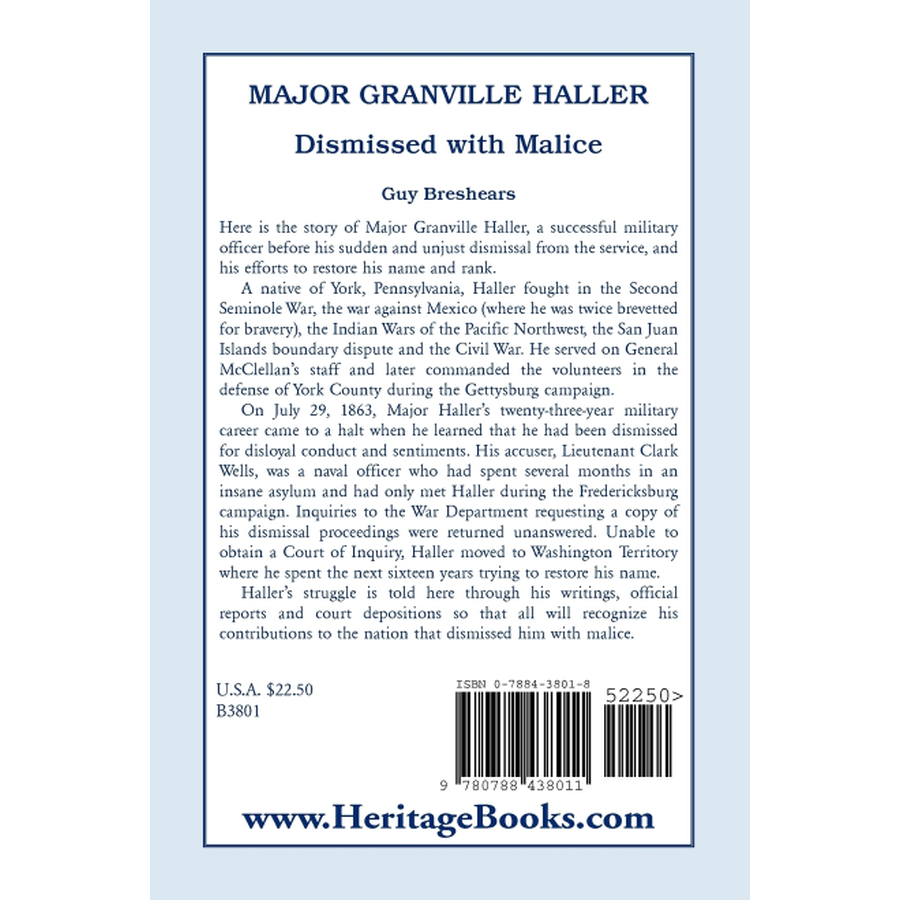 Major Granville Haller: Dismissed with Malice back cover