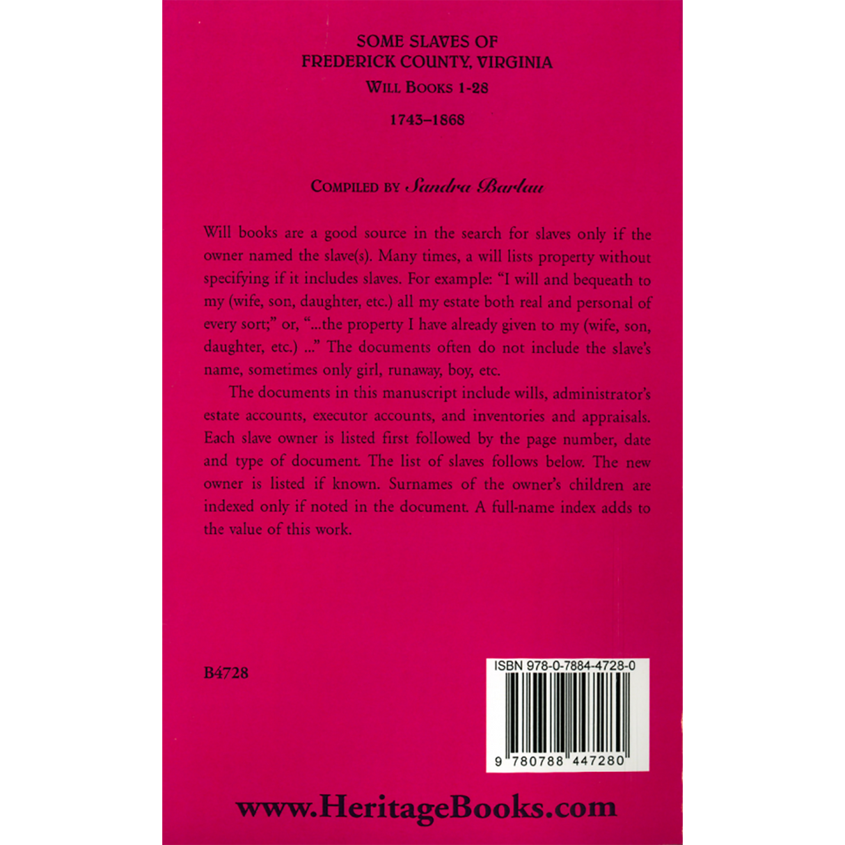 Some Slaves of Frederick County, Virginia: Will Books 1-28, 1743-1868 back cover