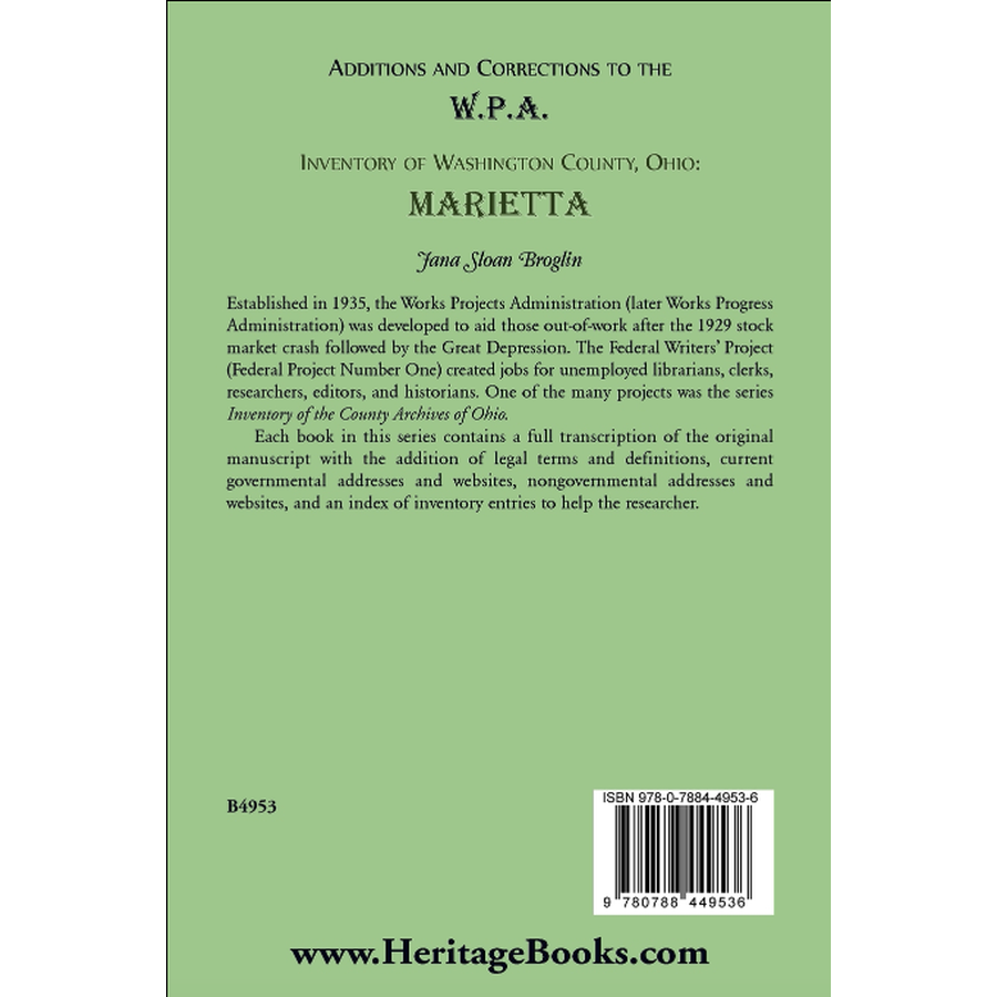 Additions and Corrections to the W.P.A. Inventory of Washington County, Ohio: Marietta back cover