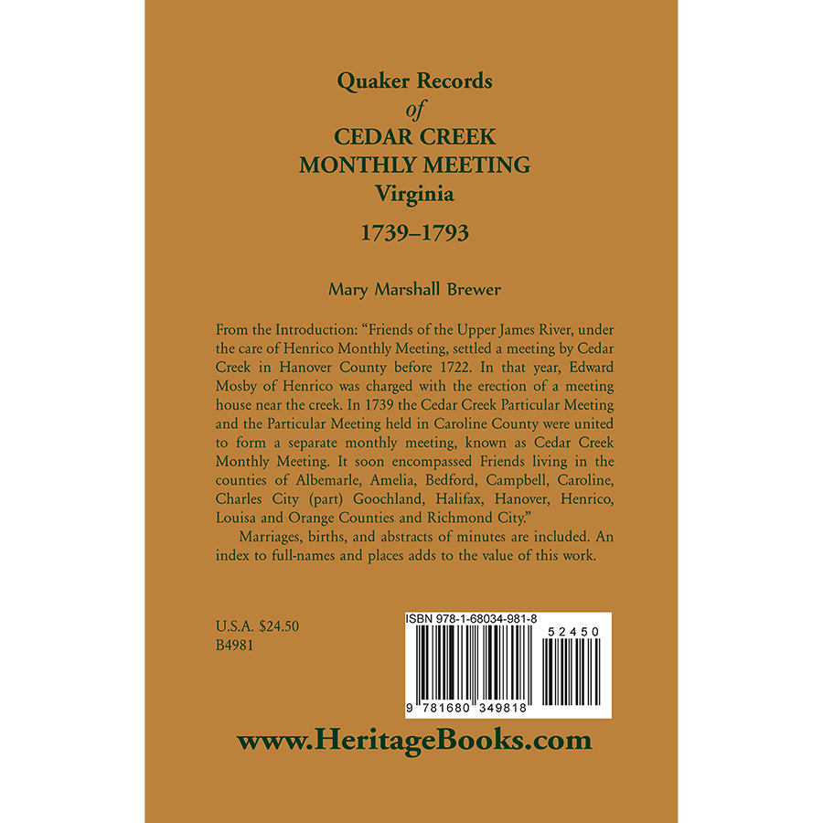 Quaker Records of Cedar Creek Monthly Meeting: Virginia, 1739-1793 back cover
