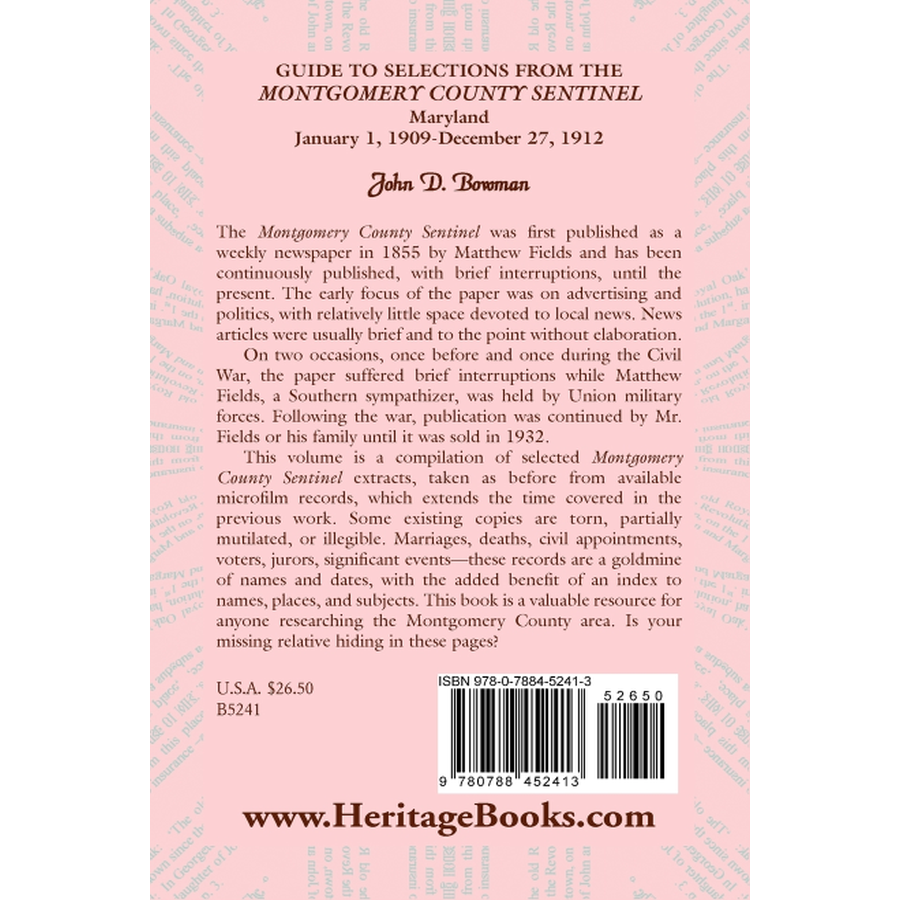Guide to Selections from the Montgomery County Sentinel, Maryland: January 1, 1909-December 27, 1912 back cover