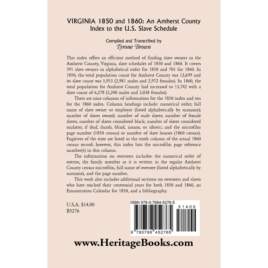 Virginia 1850 and 1860, An Amherst County Index to the U.S. Slave Schedule back cover