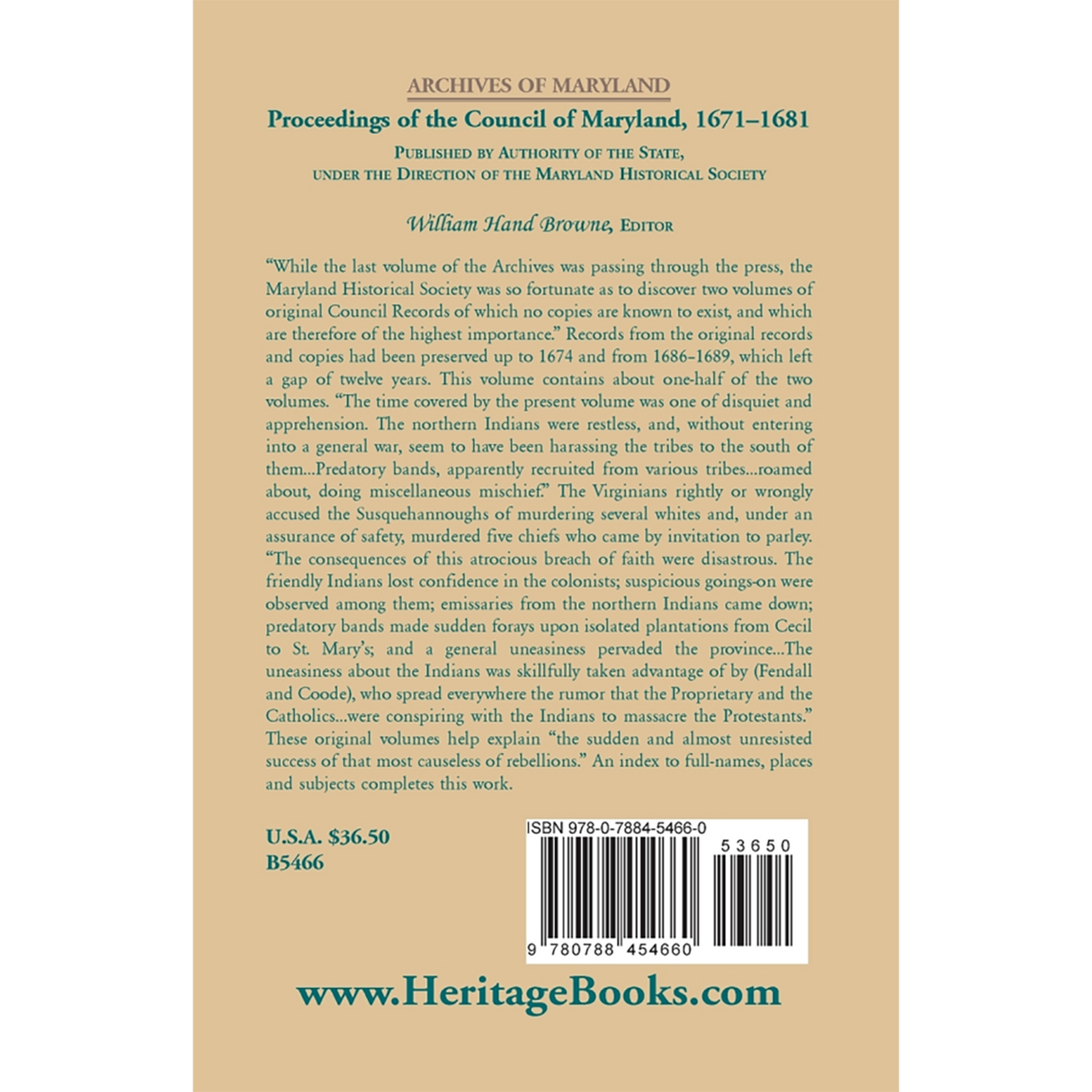 Archives of Maryland, Volume XV: Proceedings of the Council of Maryland, 1671-1681 back cover