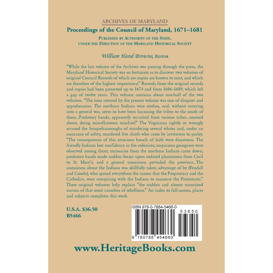 Archives of Maryland, Volume XV: Proceedings of the Council of Maryland, 1671-1681 back cover