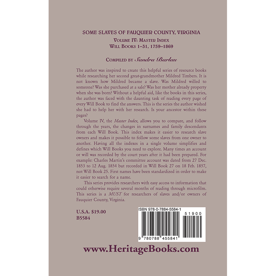 Some Slaves of Fauquier County, Virginia, Volume IV back cover