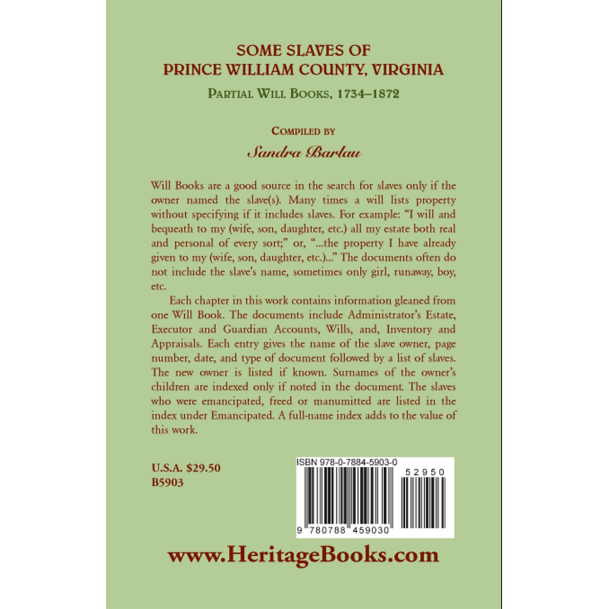 Some Slaves of Prince William County, Virginia Partial Will Books, 1734-1872 back cover