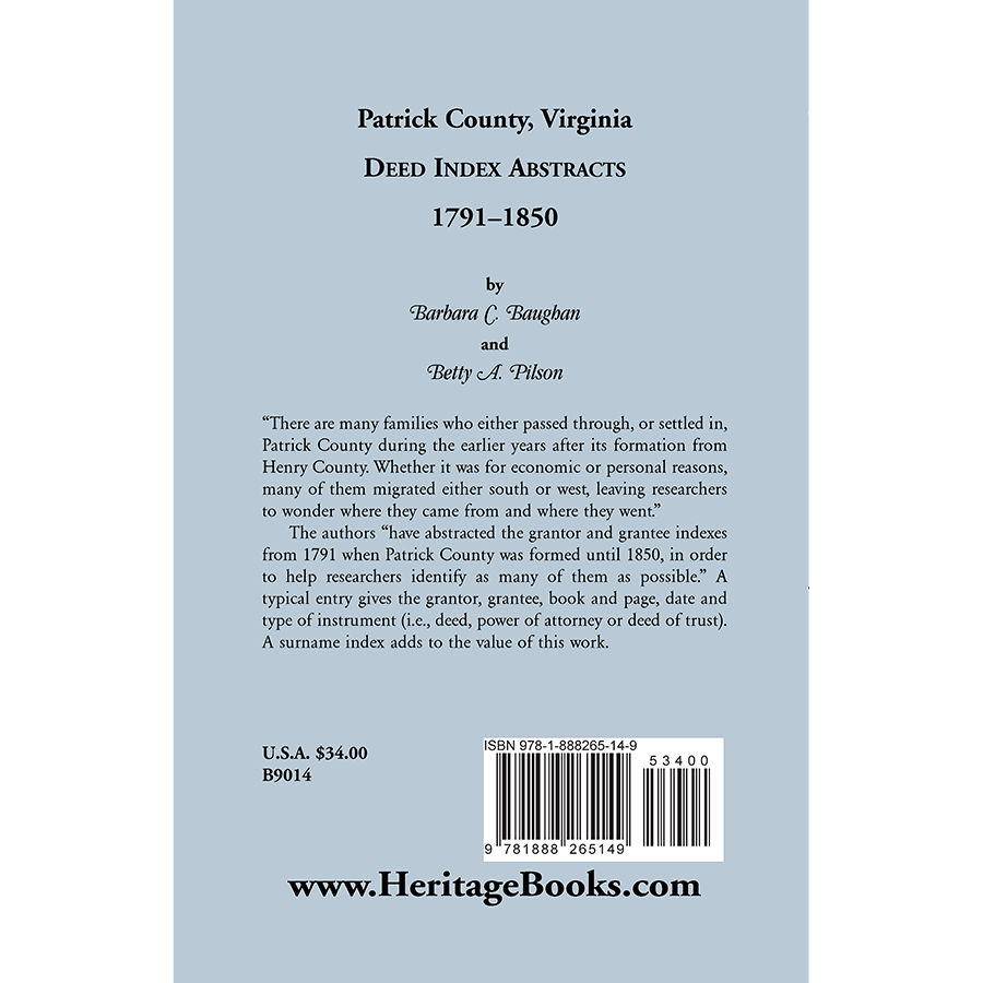 Patrick County, Virginia Deed Index Abstracts, 1791-1850 back cover