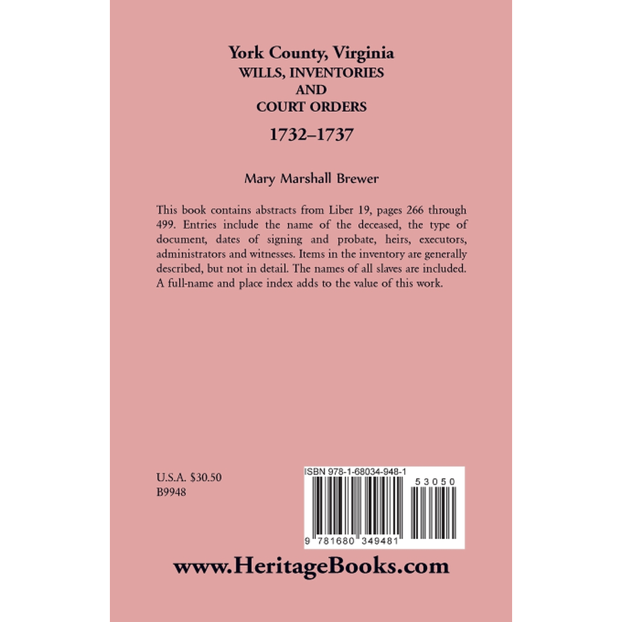 York County, Virginia Wills, Inventories and Court Orders, 1732-1737 back cover