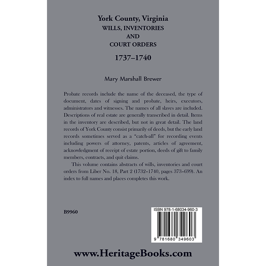 York County, Virginia Wills, Inventories and Court Orders, 1737-1740 back cover