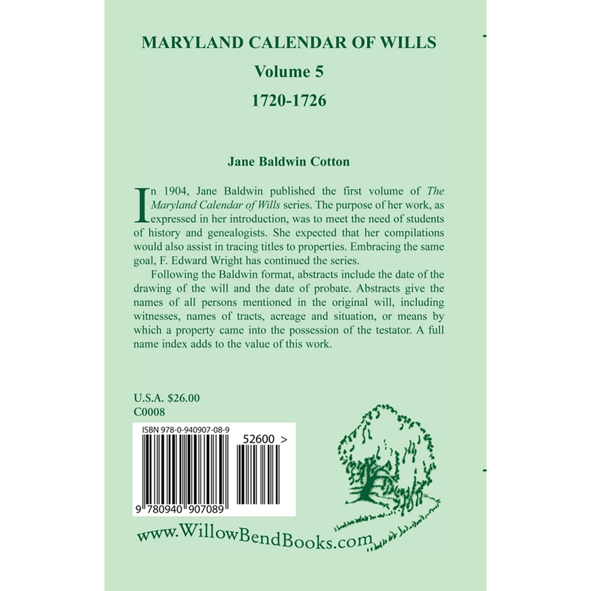 Maryland Calendar of Wills, Volume 5: 1720-1726 back cover