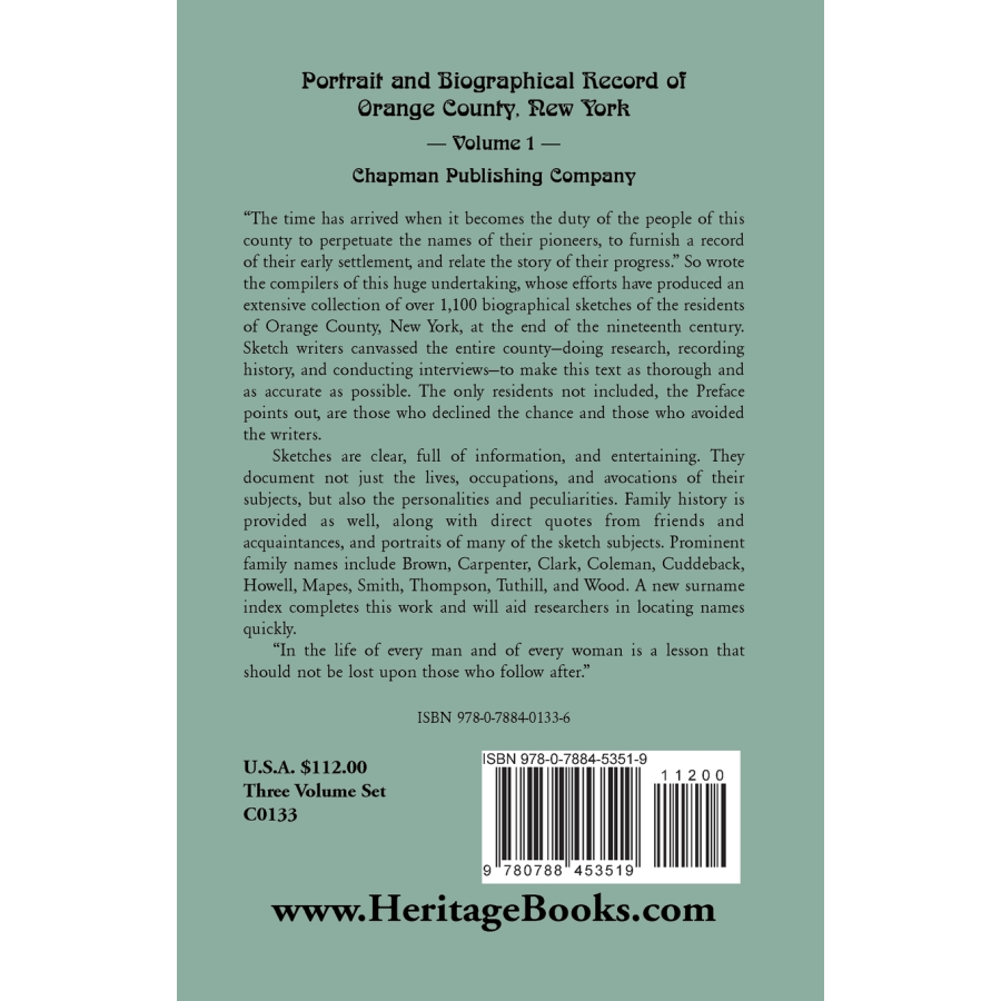 Portrait and Biographical Record of Orange County, New York, Volume I back cover