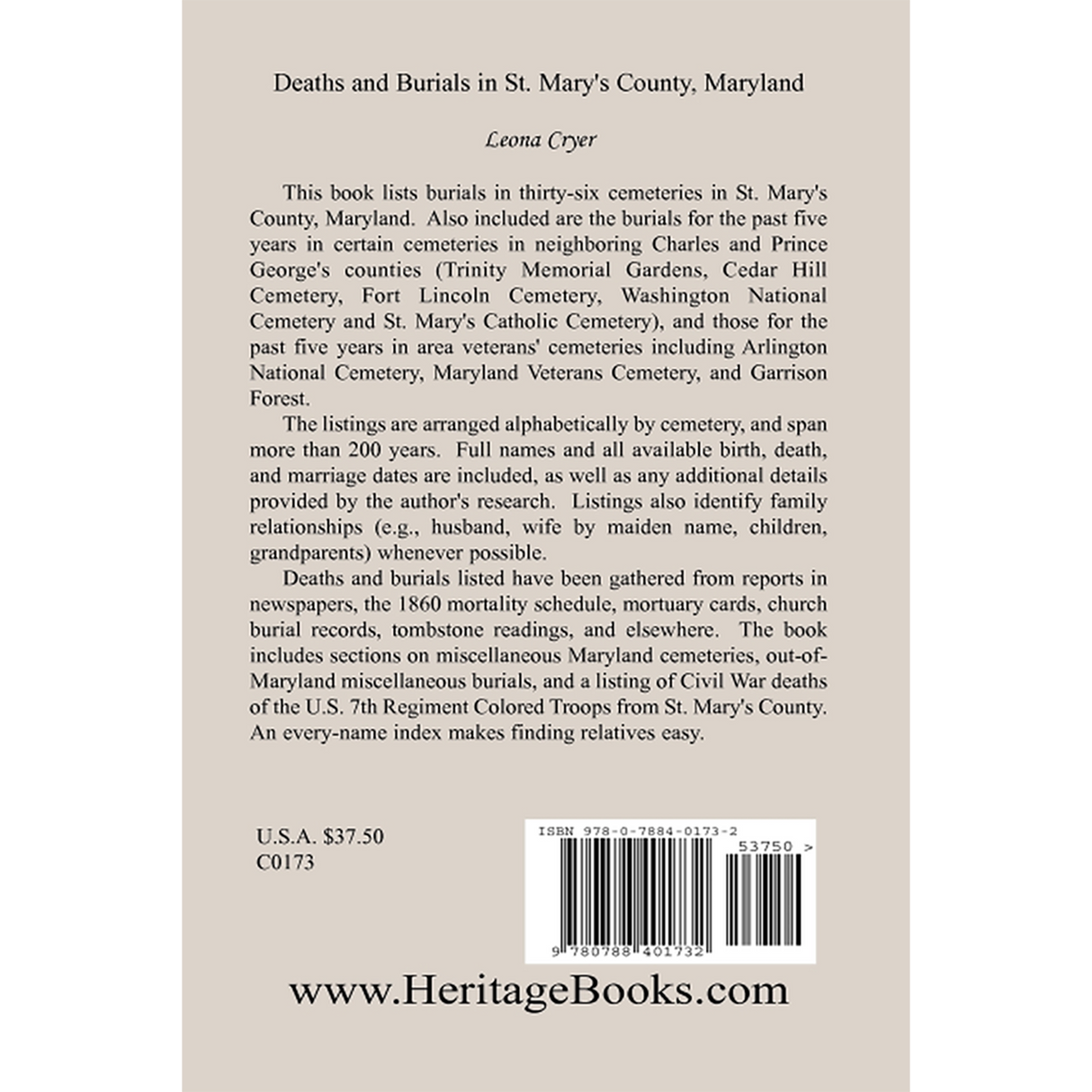 Deaths and Burials in St. Mary's County, Maryland back cover