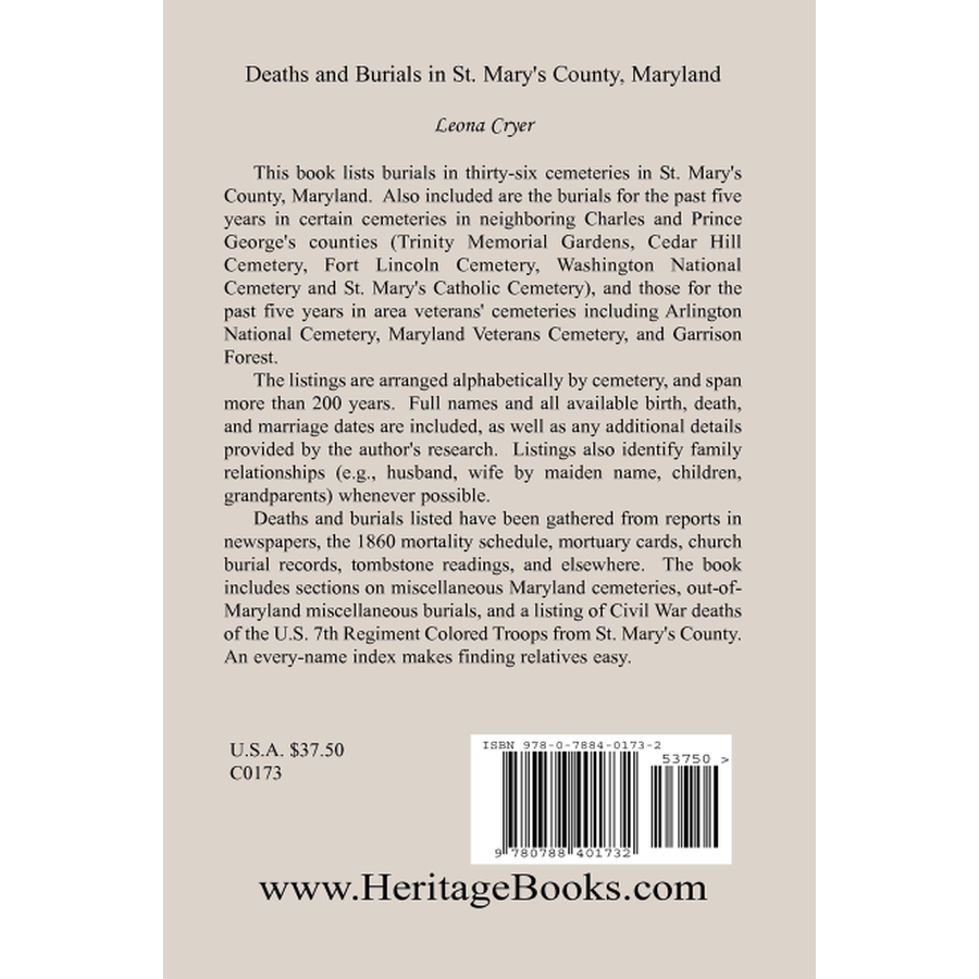 Deaths and Burials in St. Mary's County, Maryland back cover