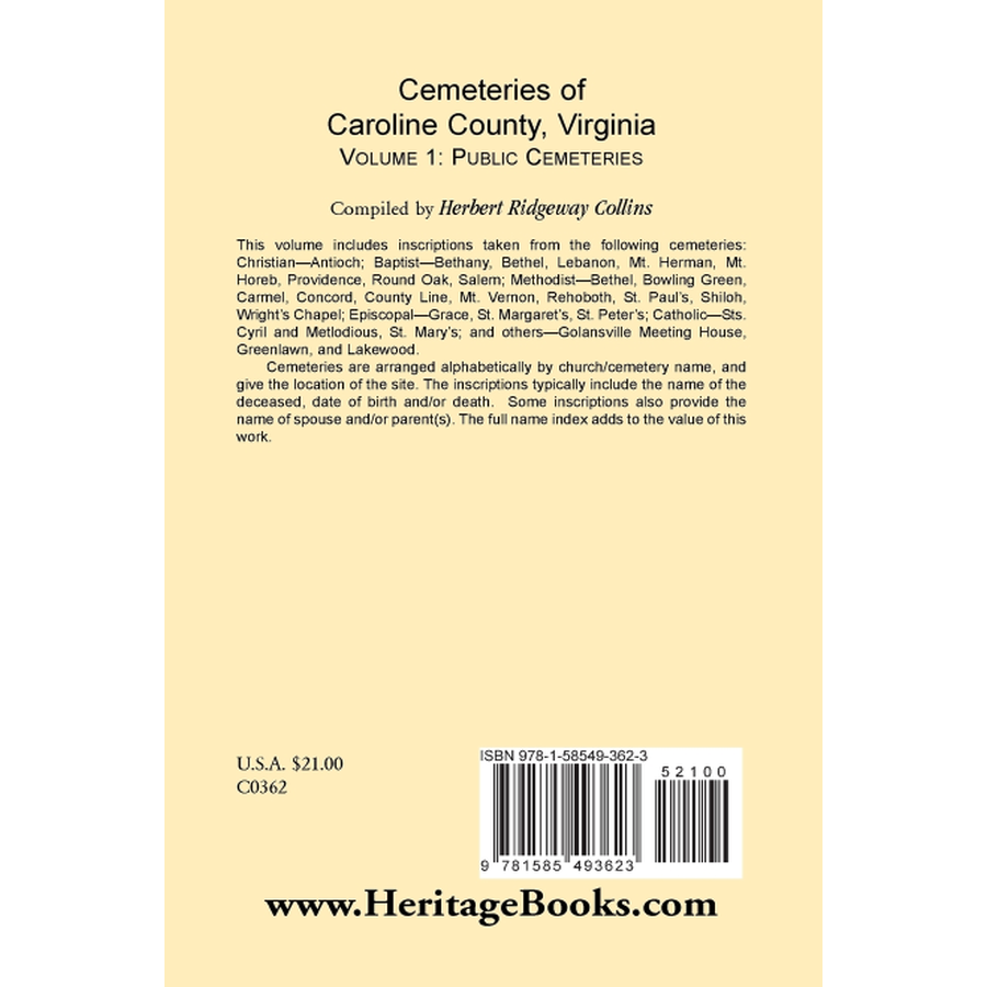 Cemeteries of Caroline County, Virginia, Volume 1, Public Cemeteries back cover