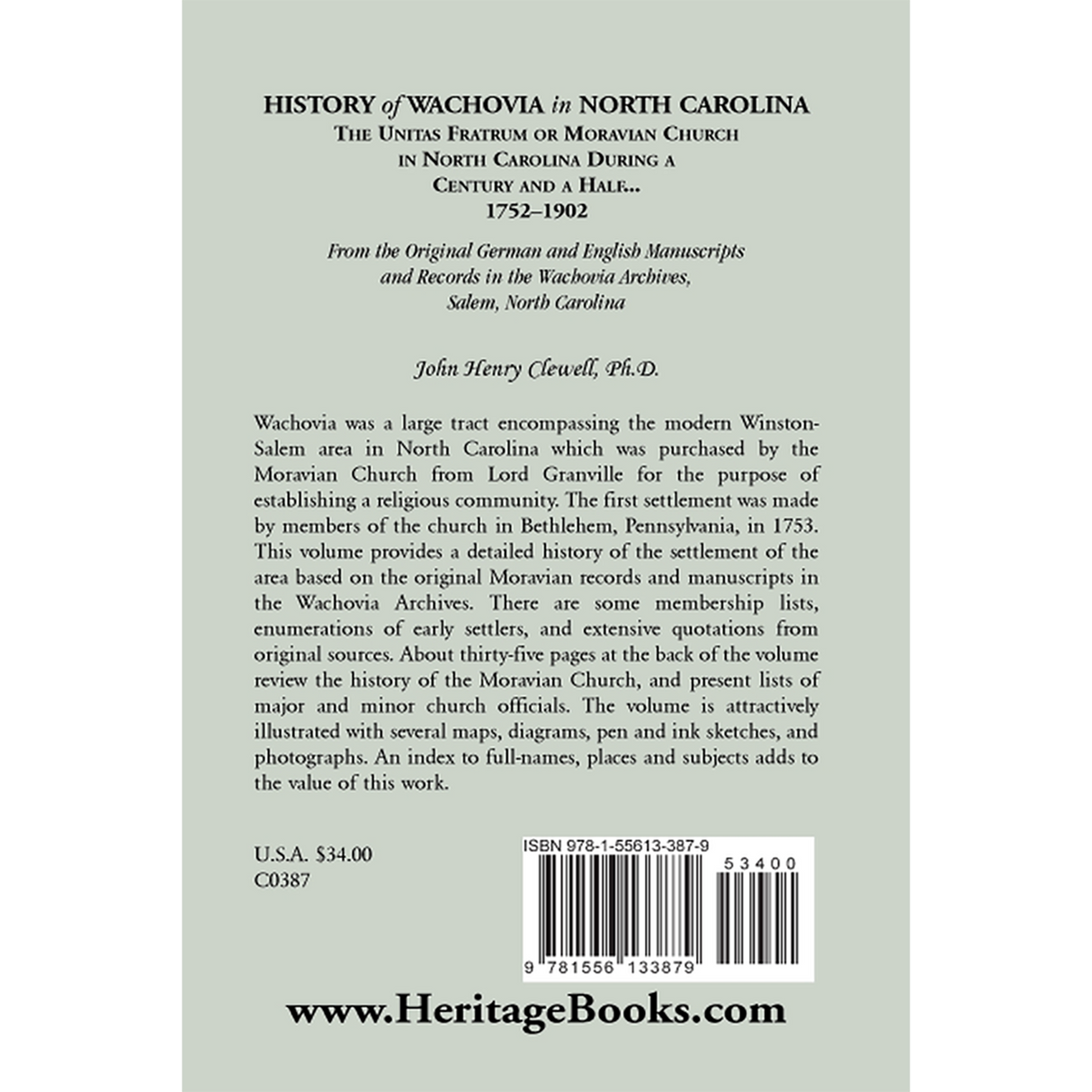 History of Wachovia in North Carolina, 1752-1902 back cover