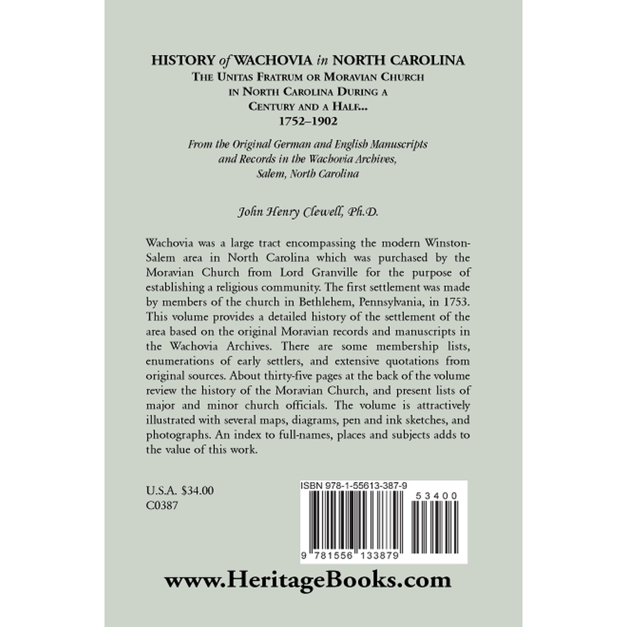 History of Wachovia in North Carolina, 1752-1902 back cover