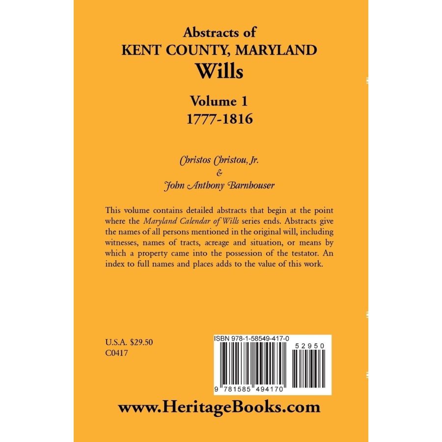 Abstracts of Kent County, Maryland Wills, Volume 1: 1777-1816 back cover