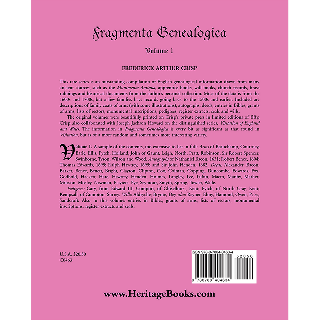 Fragmenta Genealogica, Volume 1 back cover