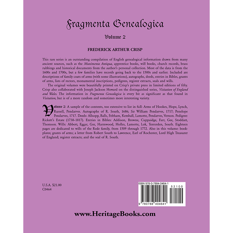 Fragmenta Genealogica, Volume 2 back cover