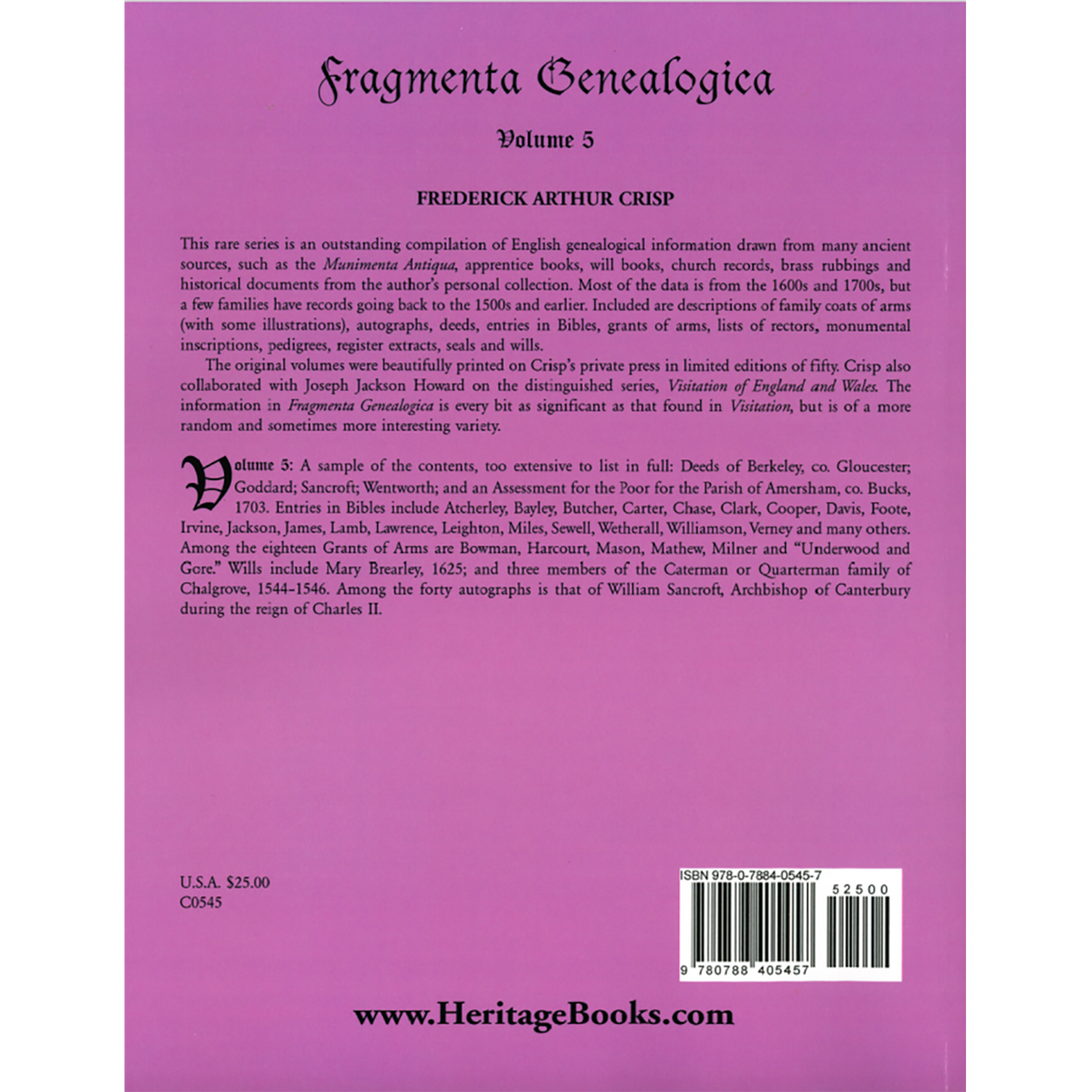 Fragmenta Genealogica, Volume 5 back cover