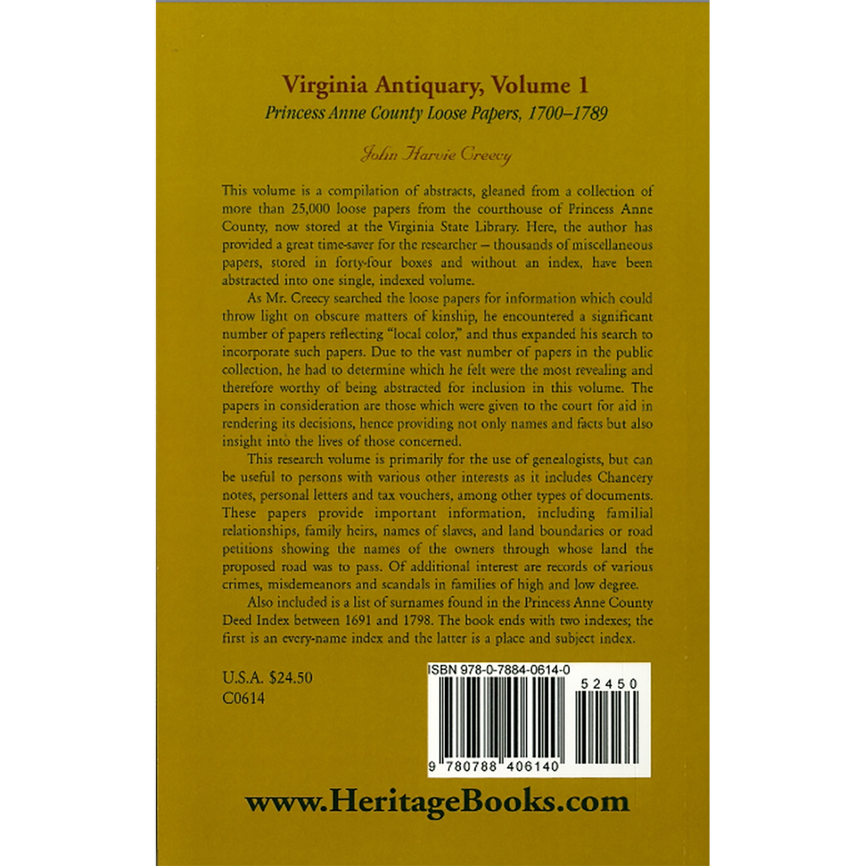 Virginia Antiquary, Volume 1: Princess Anne County Loose Papers, 1700-1789 back cover