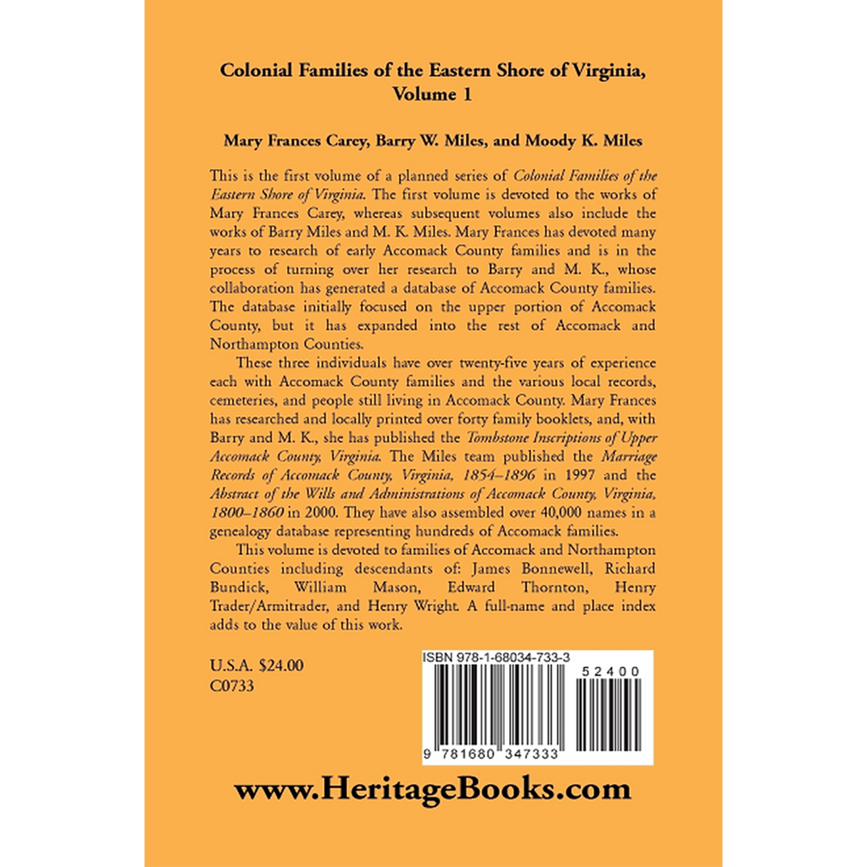 Colonial Families of the Eastern Shore of Virginia, Volume 1 back cover