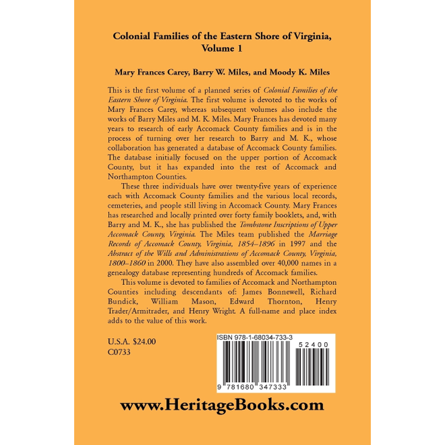 Colonial Families of the Eastern Shore of Virginia, Volume 1 back cover