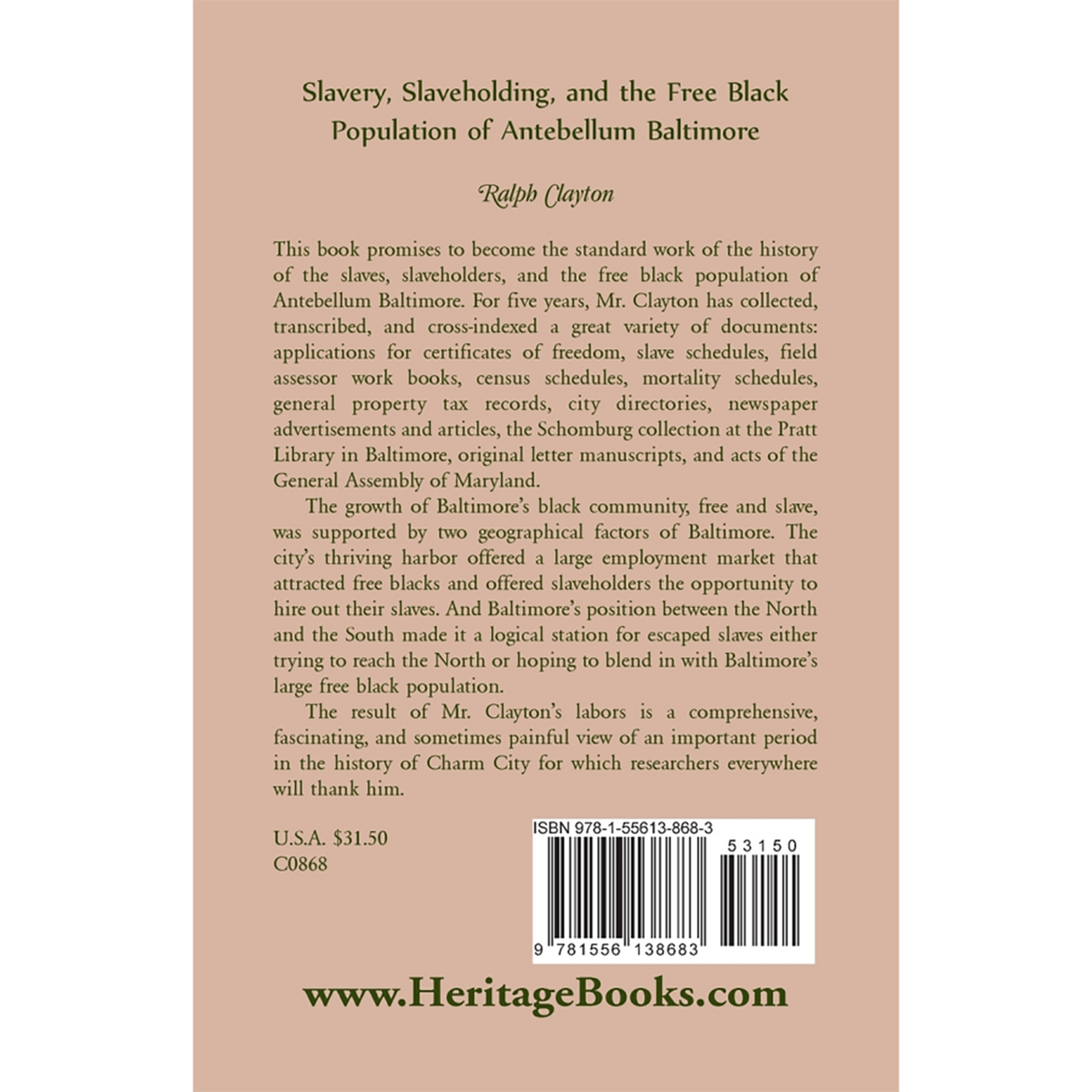 Slavery, Slaveholding, and the Free Black Population of Antebellum Baltimore back cover
