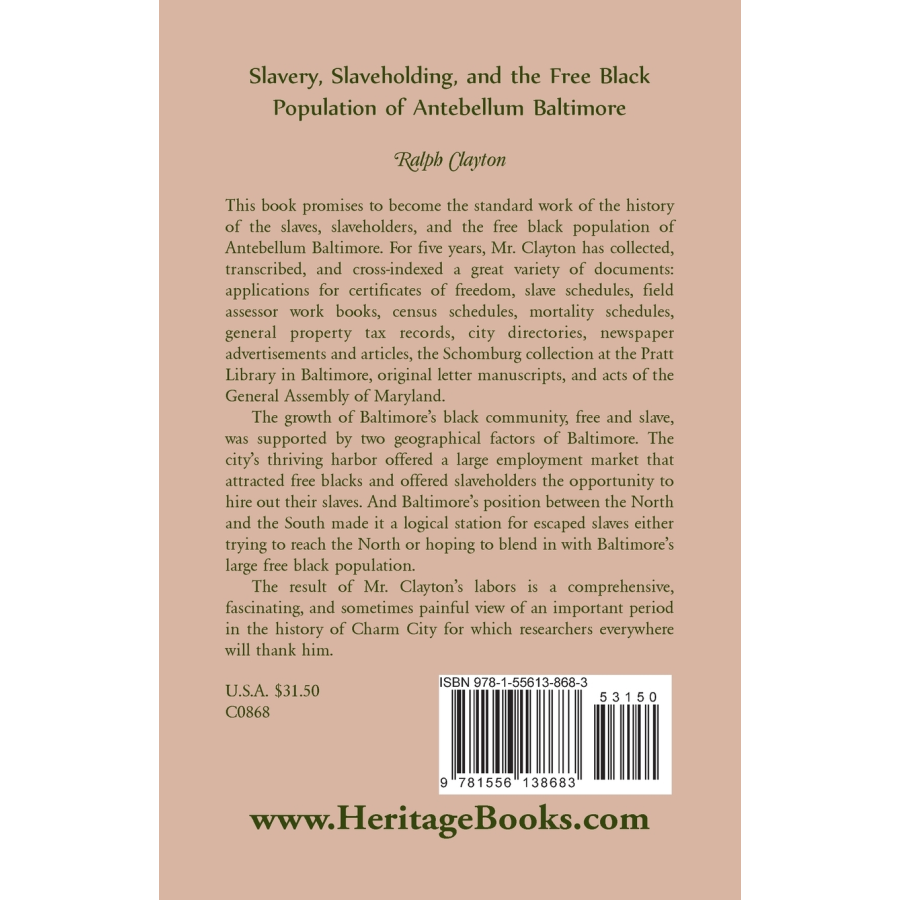 Slavery, Slaveholding, and the Free Black Population of Antebellum Baltimore back cover