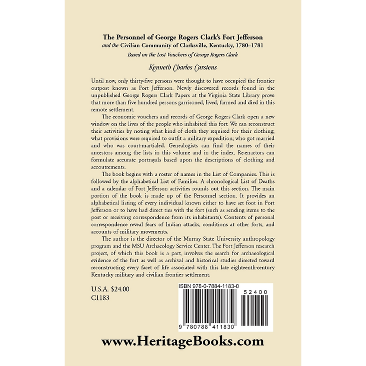 The Personnel of George Rogers Clark's Fort Jefferson and the Civilian Community of Clarksville, Kentucky, 1780-1781 back cover