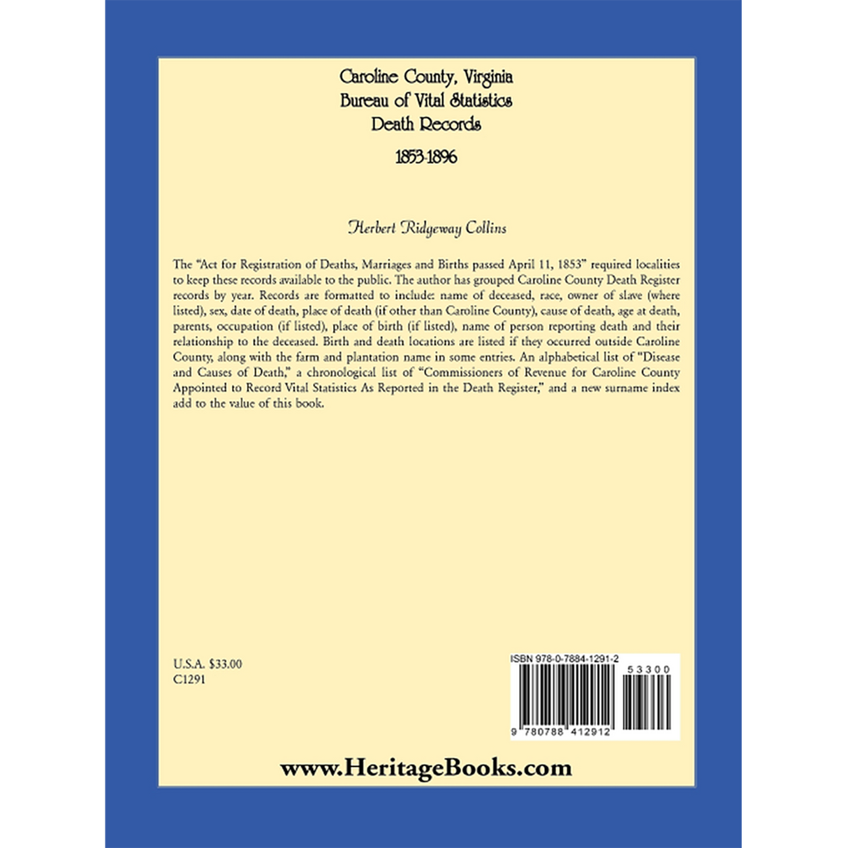 Caroline County, Virginia Bureau of Vital Statistics Death Records, 1853-1896 back cover