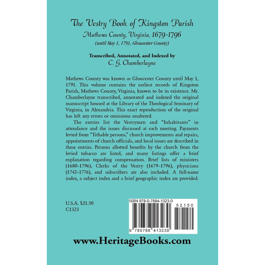 The Vestry Book of Kingston Parish, Mathews County, Virginia, 1679-1796 back cover