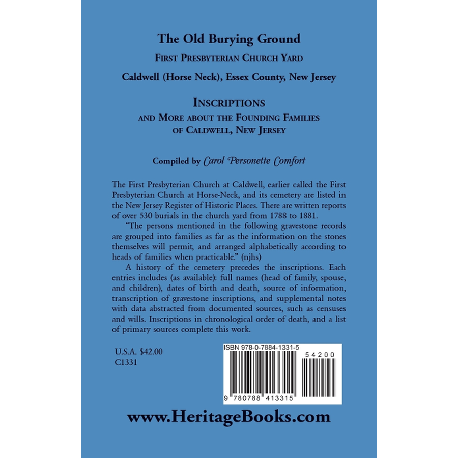 The Old Burying Ground, First Presbyterian Church Yard, Caldwell (Horse Neck), Essex County, New Jersey back cover