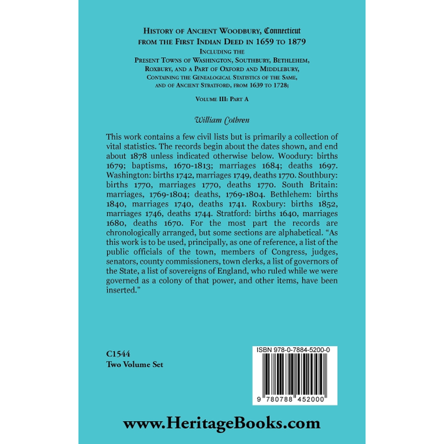 The History of Ancient Woodbury, Connecticut From the First Indian Deed in 1659 to 1879, Volume 3 Part A back cover