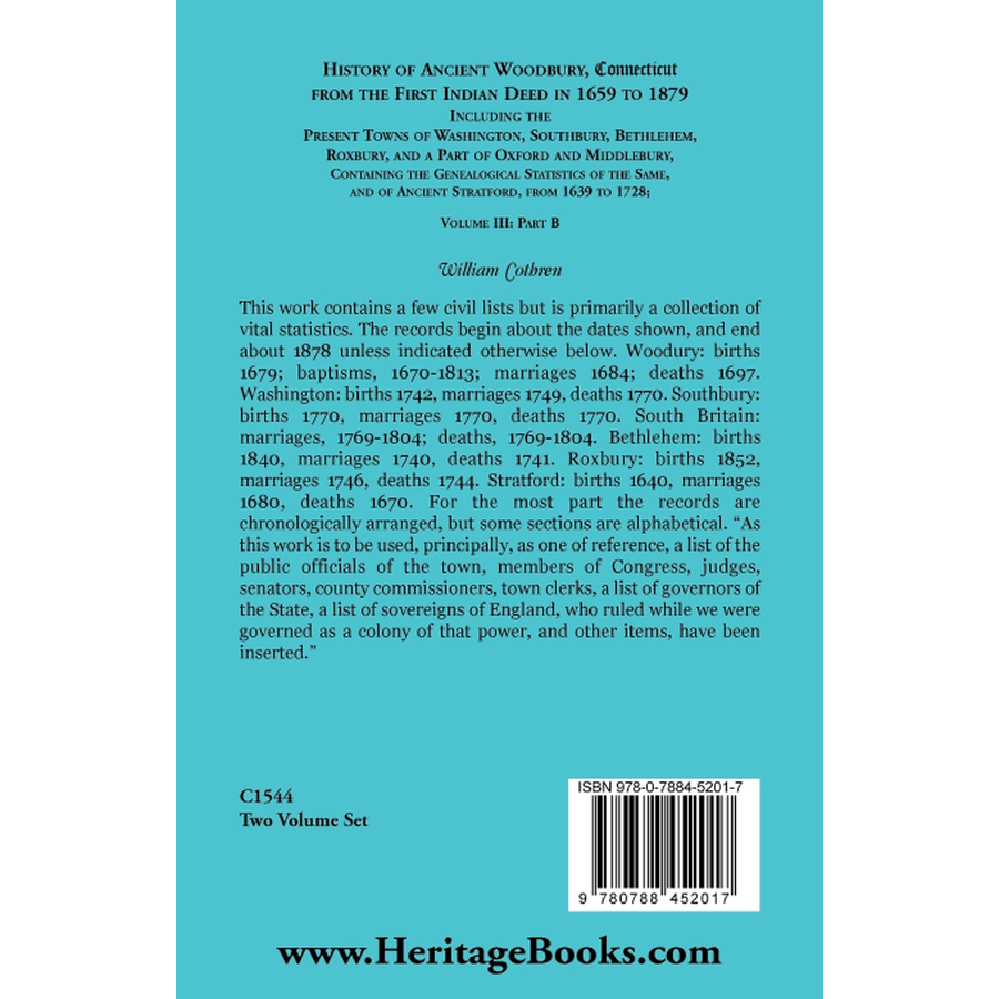 The History of Ancient Woodbury, Connecticut From the First Indian Deed in 1659 to 1879, Volume 3 Part B back cover