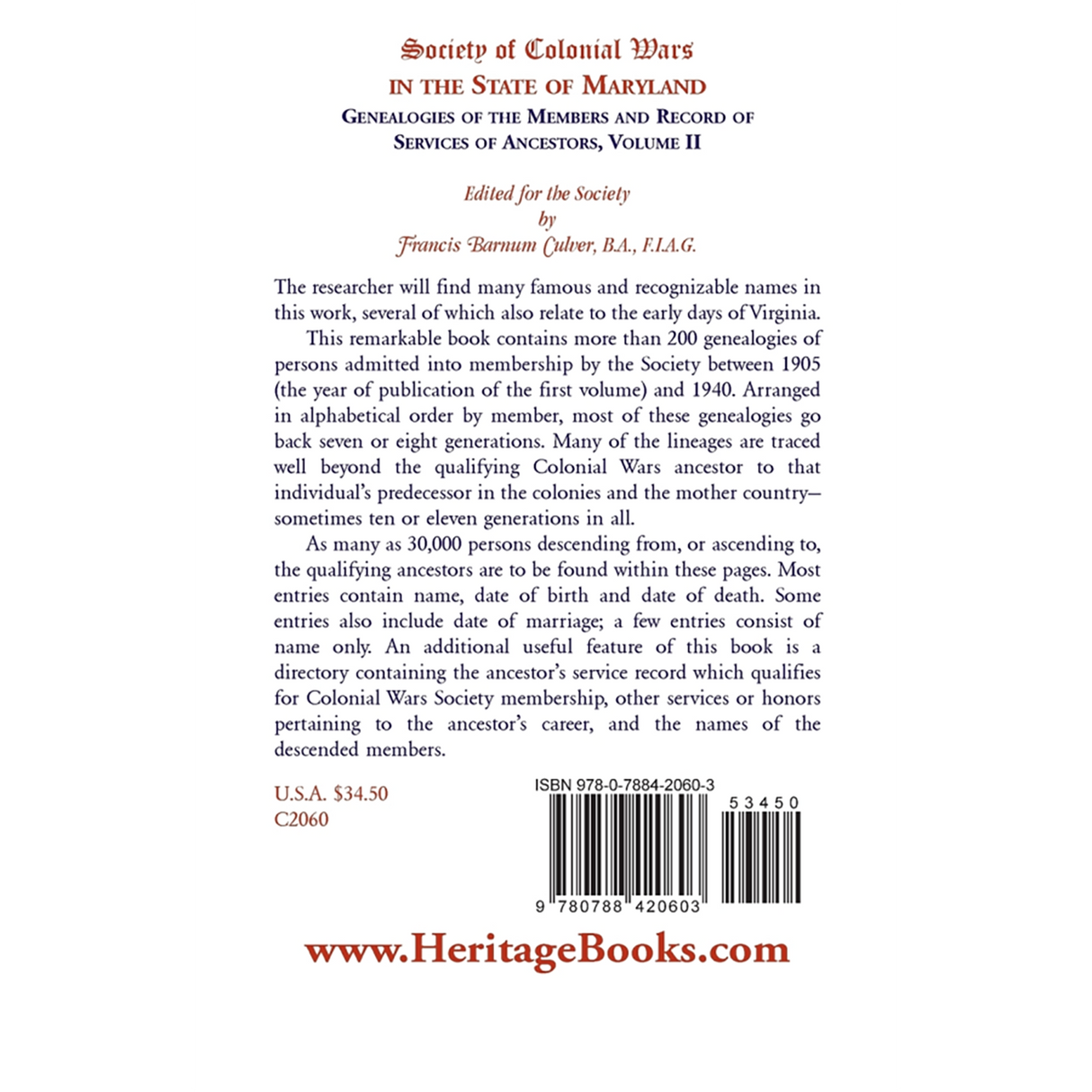 Society of Colonial Wars in the State of Maryland: Genealogies of the Members and Record of Services of Ancestors, Volume II back cover