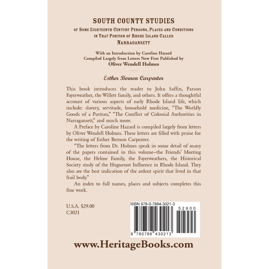 South County Studies of Some Eighteenth Century Persons, Places and Conditions In that Portion of Rhode Island called Narragansett back cover