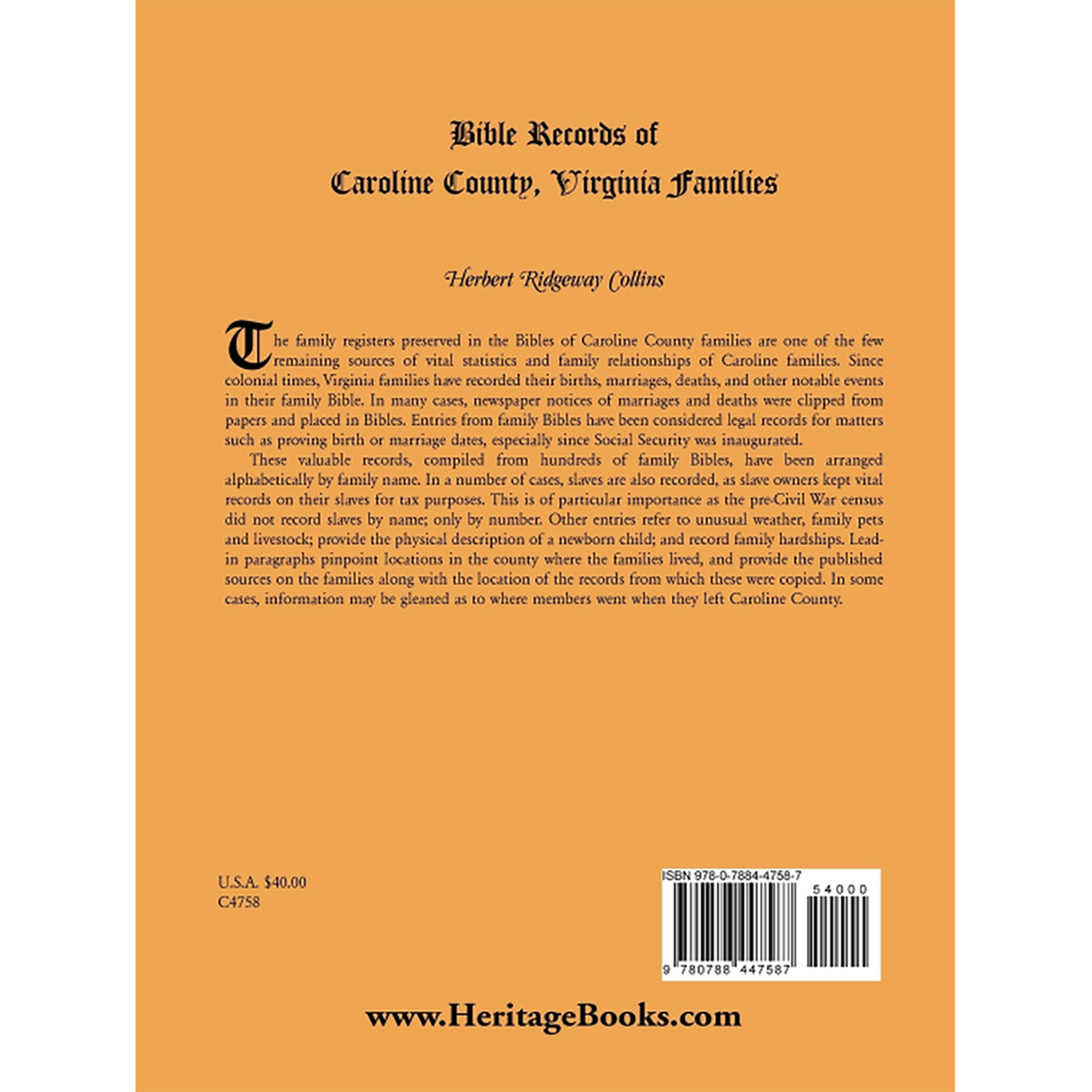 Bible Records of Caroline County, Virginia Families back cover