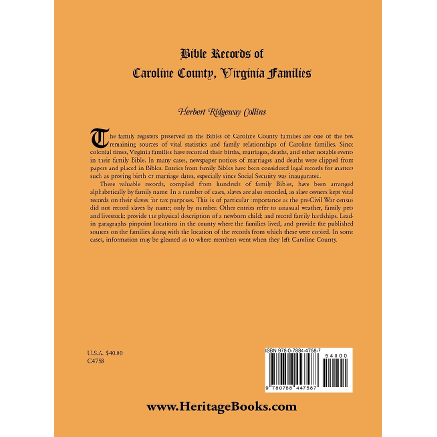 Bible Records of Caroline County, Virginia Families back cover