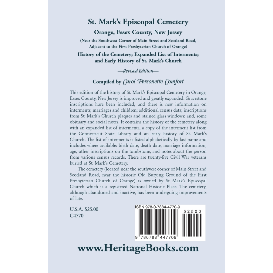 St. Mark's Episcopal Cemetery, Orange, Essex County, New Jersey, Revised Edition back cover