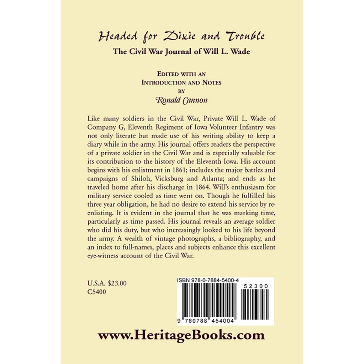Headed for Dixie and Trouble: The Civil War Journal of Will L. Wade back cover