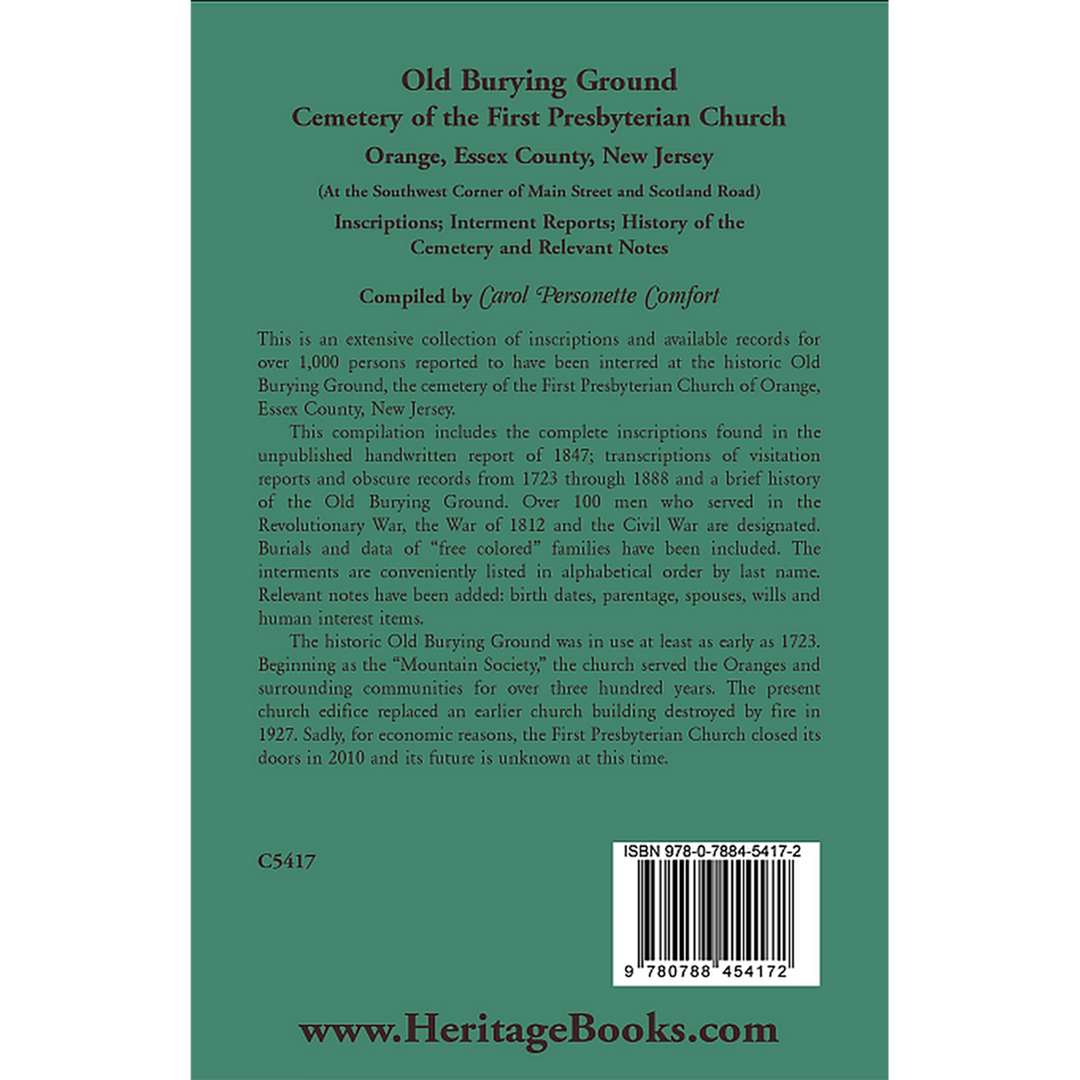 Old Burying Ground, Cemetery of the First Presbyterian Church: Orange, Essex County, New Jersey back cover