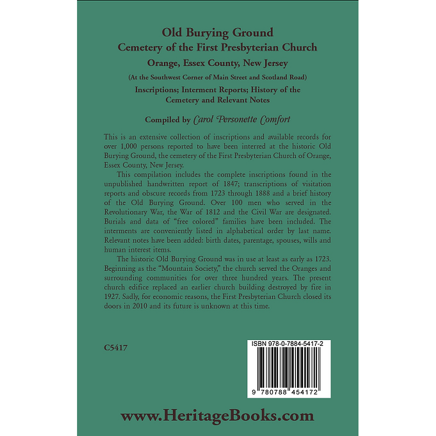 Old Burying Ground, Cemetery of the First Presbyterian Church: Orange, Essex County, New Jersey back cover