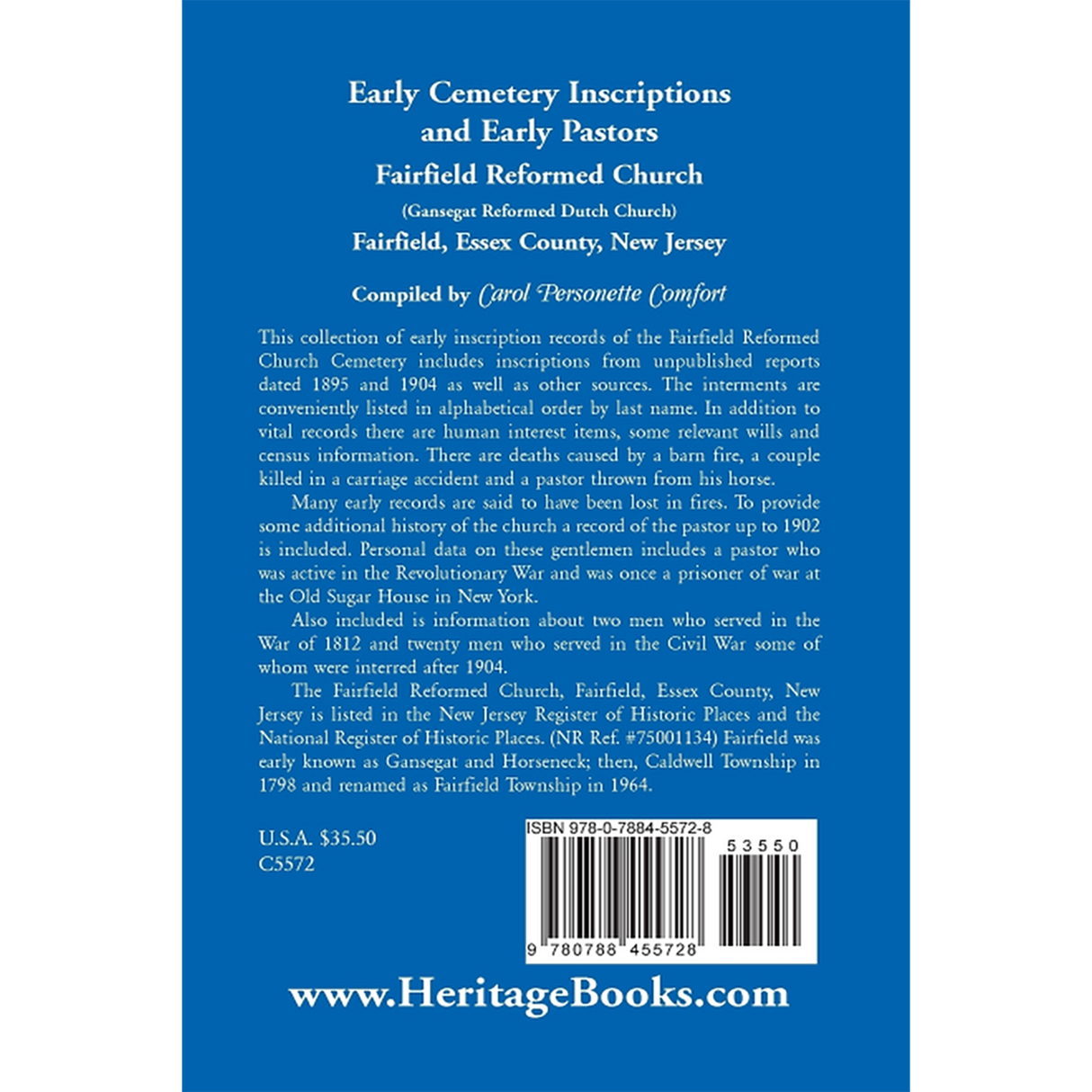 Early Cemetery Inscriptions and Early Pastors: Fairfield Reformed Church (Gansegat Reformed Dutch Church) Fairfield, Essex County, New Jersey back cover